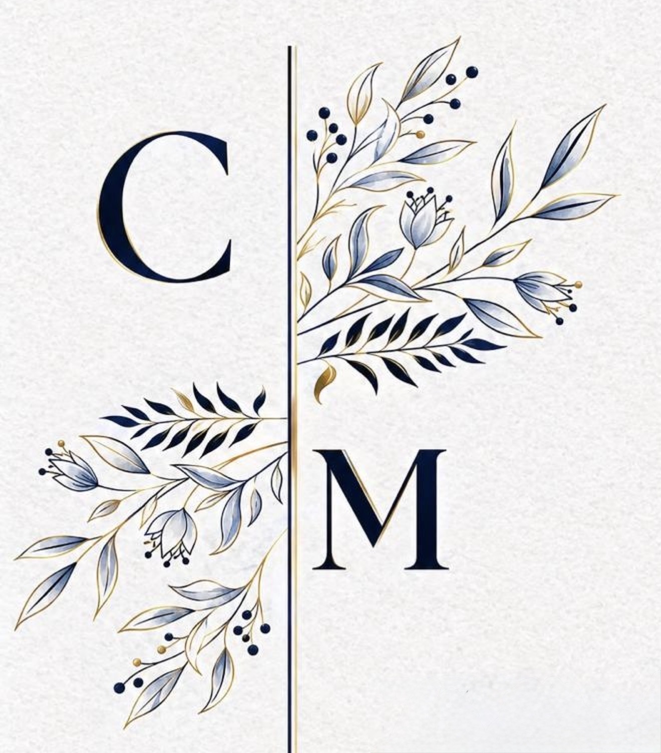 Monograma de Cristal y Mario con motivos florales azul marino y dorado